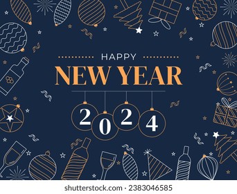 Happy New Year 2024. 2024 New Year celebration. Happy New Year 2024 background. Cartoon Vector illustration Template design for Poster, Banner, Greeting, Card, Flyer, Cover, Post. new year party.