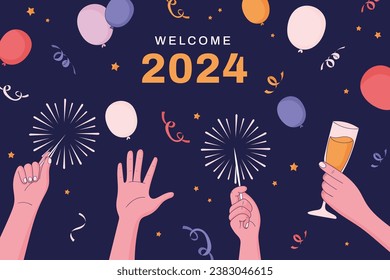 Feliz Año Nuevo 2024. Celebración de Año Nuevo 2024. Feliz Año Nuevo 2024. Ilustración de vectores de caricatura Diseño de plantilla para afiches, banner, saludo, tarjeta, volante, portada, publicación. fiesta de año nuevo.