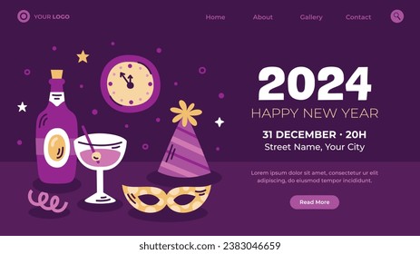 Happy New Year 2024. 2024 New Year celebration. Happy New Year 2024 background. Cartoon Vector illustration Template design for Poster, Banner, Greeting, Card, Flyer, Cover, Post. new year party.