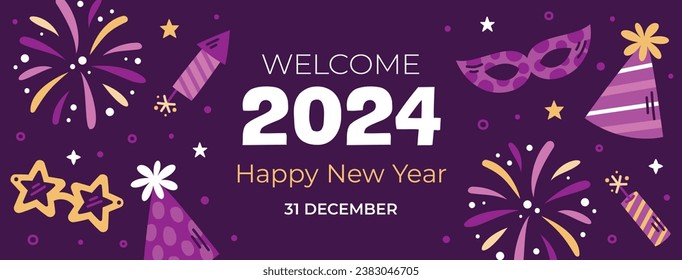 Happy New Year 2024. 2024 New Year celebration. Happy New Year 2024 background. Cartoon Vector illustration Template design for Poster, Banner, Greeting, Card, Flyer, Cover, Post. new year party.