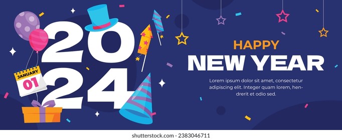 Happy New Year 2024. 2024 New Year celebration. Happy New Year 2024 background. Cartoon Vector illustration Template design for Poster, Banner, Greeting, Card, Flyer, Cover, Post. new year party.