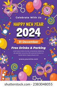 Happy New Year 2024. 2024 New Year celebration. Happy New Year 2024 background. Cartoon Vector illustration Template design for Poster, Banner, Greeting, Card, Flyer, Cover, Post. new year party.