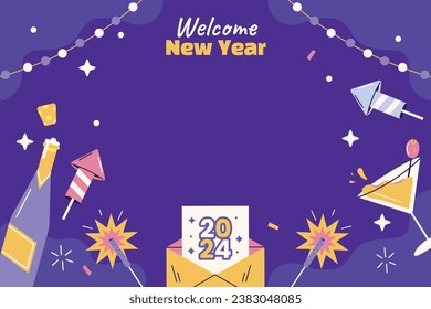 Happy New Year 2024. 2024 New Year celebration. Happy New Year 2024 background. Cartoon Vector illustration Template design for Poster, Banner, Greeting, Card, Flyer, Cover, Post. new year party.