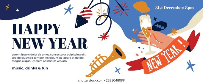 Happy New Year 2024. 2024 New Year celebration. Happy New Year 2024 background. Cartoon Vector illustration Template design for Poster, Banner, Greeting, Card, Flyer, Cover, Post. new year party.