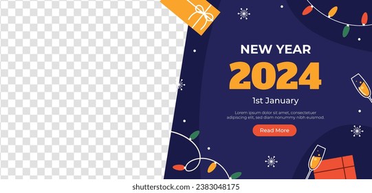 Happy New Year 2024. 2024 New Year celebration. Happy New Year 2024 background. Cartoon Vector illustration Template design for Poster, Banner, Greeting, Card, Flyer, Cover, Post. new year party.