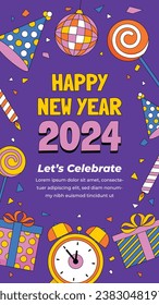 Happy New Year 2024. 2024 New Year celebration. Happy New Year 2024 background. Cartoon Vector illustration Template design for Poster, Banner, Greeting, Card, Flyer, Cover, Post. new year party.