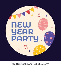 Happy New Year 2024. 2024 New Year celebration. Happy New Year 2024 background. Cartoon Vector illustration Template design for Label, Sticker, Greeting, Card, Cover, Post. New year party.
