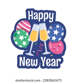 Happy New Year 2024. 2024 New Year celebration. Happy New Year 2024 background. Cartoon Vector illustration Template design for Label, Sticker, Greeting, Card, Cover, Post. New year party.