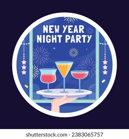 Happy New Year 2024. 2024 New Year celebration. Happy New Year 2024 background. Cartoon Vector illustration Template design for Label, Sticker, Greeting, Card, Cover, Post. New year party.