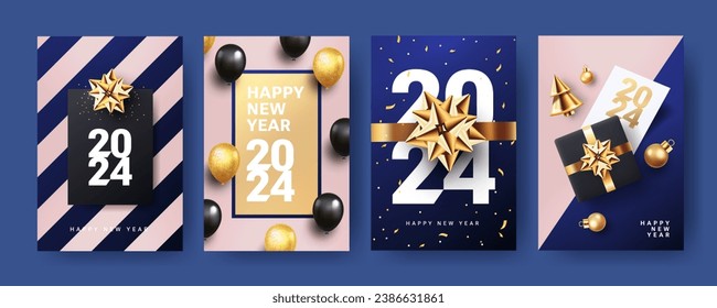 Happy New Year 2024 celebration greeting card, poster, holiday cover, party invitation set. Modern 3d design in dark blue, gold and pink with helium balloons, star bow, confetti, golden christmas toys