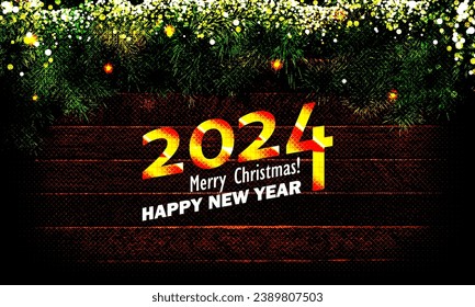 HAPPY NEW YEAR 2024 celebration holiday firework background greeting card banner - Golden fireworks on black wooden wall texture