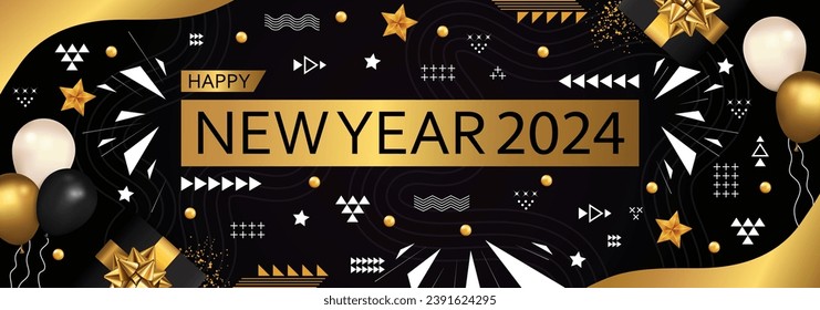 Happy New Year 2024 Celebration Banner with Golden and Black Color Theme. Abstract Triangles, Balloons and Lines, Greeting Concept for 2024 New Year Celebration Banner Vector Illustration.