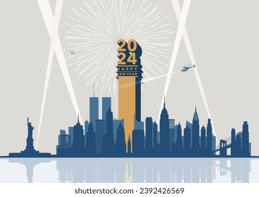 Happy New Year 2024 celebration at  Twin Towers in New York City Skyline