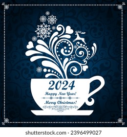 Happy new year 2024. Celebration blue background with cup, snowflake and place for your text. Christmas cup with floral design elements. Menu for restaurant, cafe, bar, tea-house.  Vector Illustration