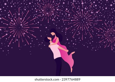 Happy new year 2024 celebration concept Couple celebrate new year festival with firework explosions in the sky vector illustration. Celebration  festive season concept.