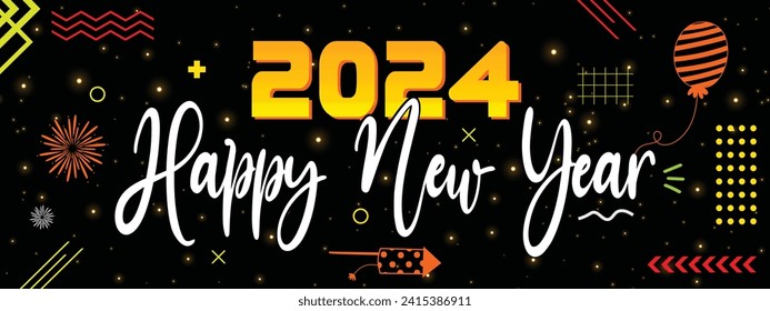 Happy New Year 2024 celebration card. Creative dark background design for new year gold numbers text design with modern calligraphy. Happy 2024 New Year Vector illustration.
