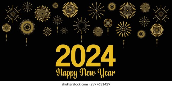 Happy new year 2024 celebrations template. New year abstract golden fireworks and golden gradient numbers on dark black background party materials. 