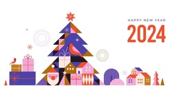 Happy New Year 2024. Christmas Tree In Modern Minimalist Geometric Style. Colorful Illustration In Flat Cartoon Style. Xmas Tree With Geometrical Patterns, Stars And Abstract Vector Elements