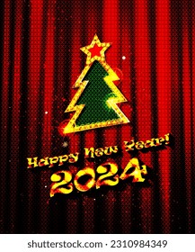 Happy New Year 2024. Christmas background. Retro Christmas tree light sign. Vector illustration.
