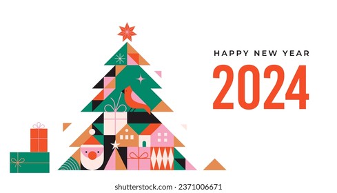 Happy New Year 2024. Christmas tree in modern minimalist geometric style. Colorful illustration in flat cartoon style. Xmas tree with geometrical patterns, stars and abstract vector elements