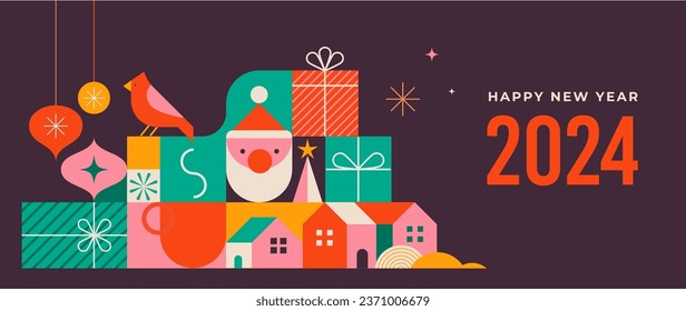 Happy New Year 2024. Christmas design in modern minimalist geometric style. Colorful illustration in flat cartoon style. Xmas tree with geometrical patterns, stars and abstract vector elements