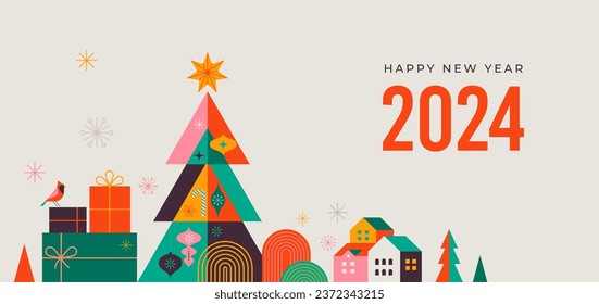 Happy New Year 2024. Christmas tree in modern minimalist geometric style. Colorful illustration in flat cartoon style. Xmas tree with geometrical patterns, stars and abstract vector elements