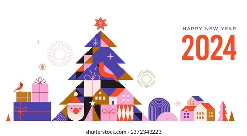 Happy New Year 2024. Christmas tree in modern minimalist geometric style. Colorful illustration in flat cartoon style. Xmas tree with geometrical patterns, stars and abstract vector elements