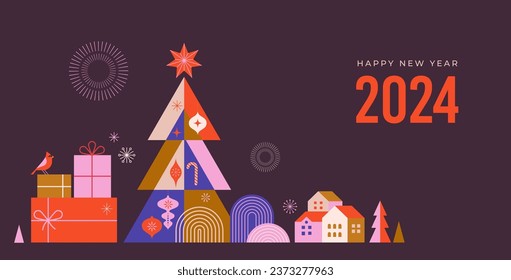 Happy New Year 2024. Christmas tree in modern minimalist geometric style. Colorful illustration in flat cartoon style. Xmas tree with geometrical patterns, stars and abstract vector elements