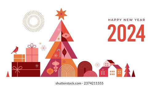 Feliz Año Nuevo 2024. Árbol de Navidad de estilo geométrico minimalista moderno. Ilustración colorida al estilo de las caricaturas planas. Árbol de Navidad con patrones geométricos, estrellas y elementos vectoriales abstractos