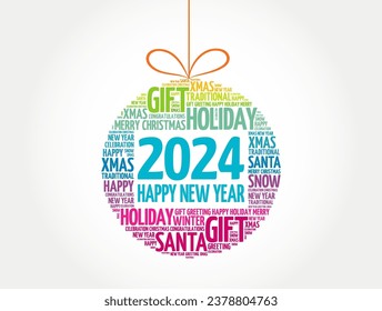 Happy New Year 2024, Christmas ball word cloud, holidays lettering collage