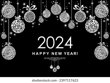 Happy new year 2024! Christmas and New Year card. Celebration black background with Christmas balls and place for your text. Ball with ribbon. Sale. Horizontal banner. Illustration