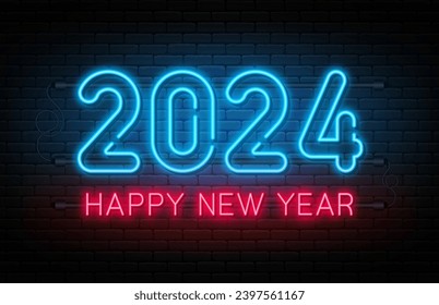 Happy New Year 2024. New Year 2024 and Christmas neon signboard with glowing text and numbers. Neon light effect for background, web banner, poster and greeting card. Vector