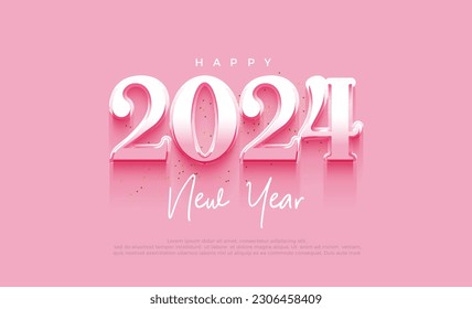 Feliz año nuevo 2024 número clásico con color metálico sobre fondo rosa. Diseño vectorial premium para banner, afiche, post social y feliz saludo de año nuevo.