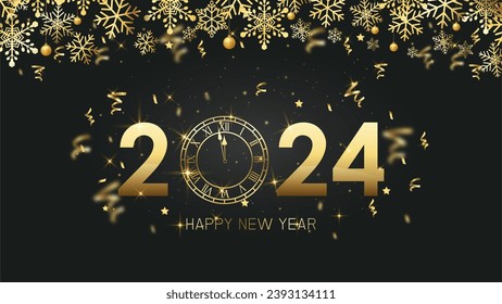 happy new year 2024 and clock countdown gold glitter celebration on bark background. greeting card new year 2024 festive. vector illustration background.