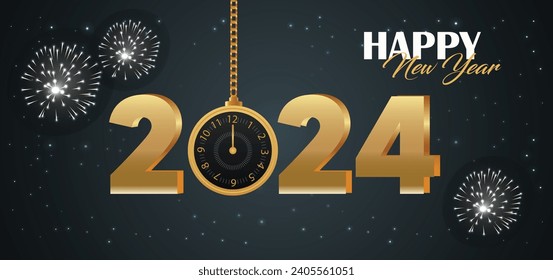 happy new year 2024 Clock And fireworks vector poster