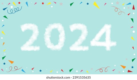 Happy new year 2024 Clouds design with Colourful geometric style frame border on blue sky background,Vector text design for poster, banner,greeting,Christmas,New year celebration,Xmas Party invitation