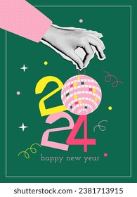 Happy New Year 2024 collage in trendy groovy collage style. Halftone hand holding number 2024 with mirror ball. Retro New Year banner for decoration card, poster, party. Vector illustration.