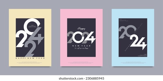 Feliz año nuevo 2024. Colección de plantillas rectangulares de año nuevo 2024 para calendarios, portadas, tarjetas y artículos multimedia. Logo de la tipografía 2024.