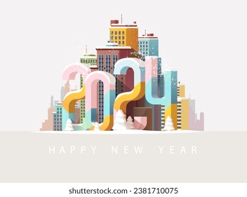 Happy New year 2024. Colored Cityscape with big numbers.The image was created without the use of any form of AI.