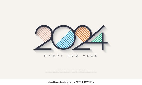 Happy new year 2024 with colorful lines. Premium vector background for happy new year 2024 celebration.