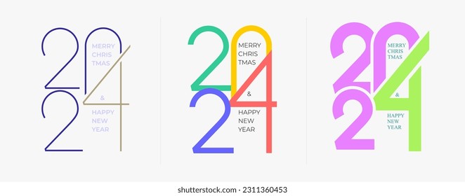 Feliz Año Nuevo 2024 con coloridas líneas. Antecedentes vectoriales del logo de la celebración Feliz Año Nuevo 2024. Símbolos de Año Feliz. Vector con etiquetas creativas aisladas en segundo plano.