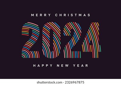 Happy new year 2024 with colorful lines. 2024 Trend premium vector background for Happy New Year 2024 symbols celebration. Colored design decoration. Christmas vector illustration with black labels.