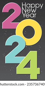 Happy New Year 2024 colorful calligraphy on cosmos background have blank space. Greeting card vertical template.
