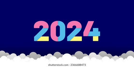 Happy New Year 2024. Colorful numbers on a blue background with white clouds. Great to use as banners, backgrounds, invitations, greeting cards and more. Vector and editable illustration