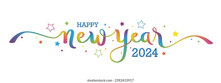 HAPPY NEW YEAR 2024 colorful vector brush calligraphy banner with stars