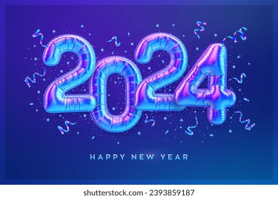 Happy New Year 2024. Colorful foil balloon numbers on blue background. High detailed 3D iridescent foil helium balloons. Merry Christmas and Happy New Year 2024 greeting card. Vector illustration.
