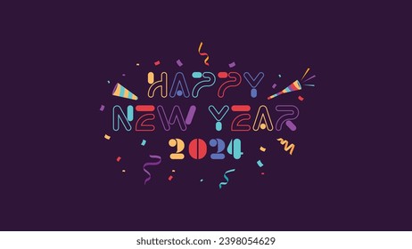 Happy new year 2024. Colorful typography. Fun and childish typography design. Vector asset with ribbon and confetti ornament