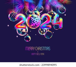 Happy New Year 2024. Colorful numerical design with iridescent Christmas decoration and fir branches. Greeting card design. Not generated by AI.