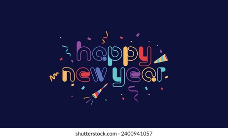 Happy new year 2024. Colorful typography. Fun and childish typography design. Vector asset with ribbon and confetti ornament