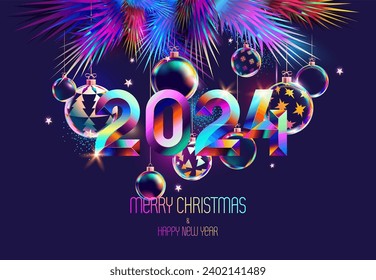 Feliz Año Nuevo 2024. Diseño numérico colorido con decoración navideña iridiscente y ramas de abetos. Diseño de tarjetas de felicitación. No generado por IA.